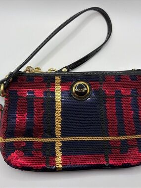 Coach Sequin Plaid Wristlet in Navy, Red & Gold Trim